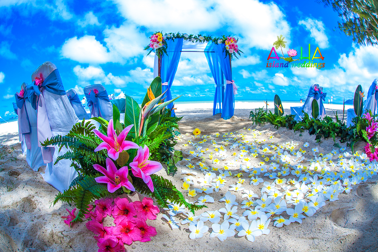 Beach aisle of white plumerias leading to a blue draped arch, with pink flowers in front